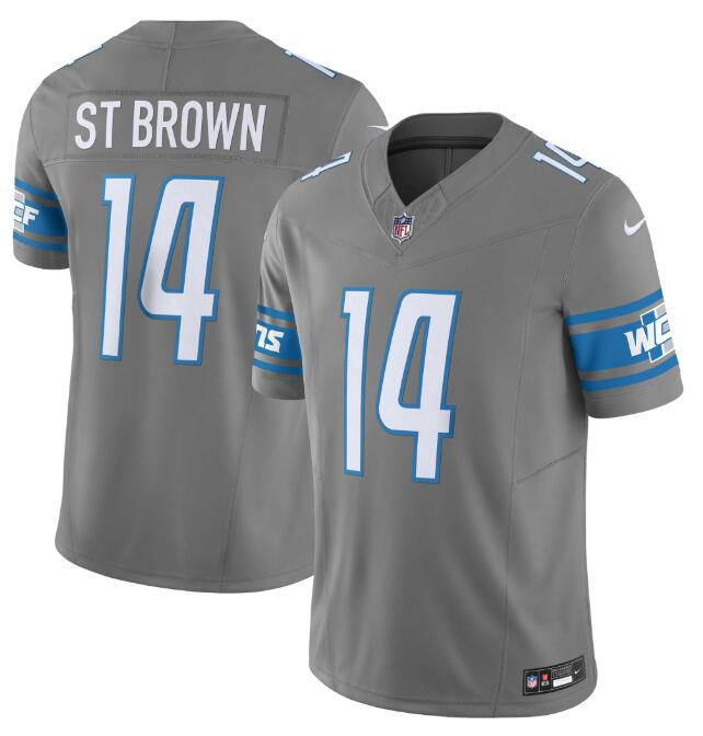 Men's Detroit Lions #14 Amon-Ra St. Brown Grey 2023 F.U.S.E. Vapor Untouchable Limited Stitched Jersey Men's Detroit Lions #14 Amon-Ra St. Brown Grey 2023 F.U.S.E. Vapor Untouchable Limited Stitched Jersey
